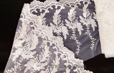 White Net Trim With Beautiful Floral Embroidery, Approx. 10.5 Inches wide, Lace Trim
